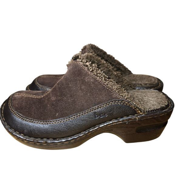 Born BOC Sz 7 Brown Suede  and Leather Faux Fur Slip on Clog Comfort Mule - Picture 2 of 7